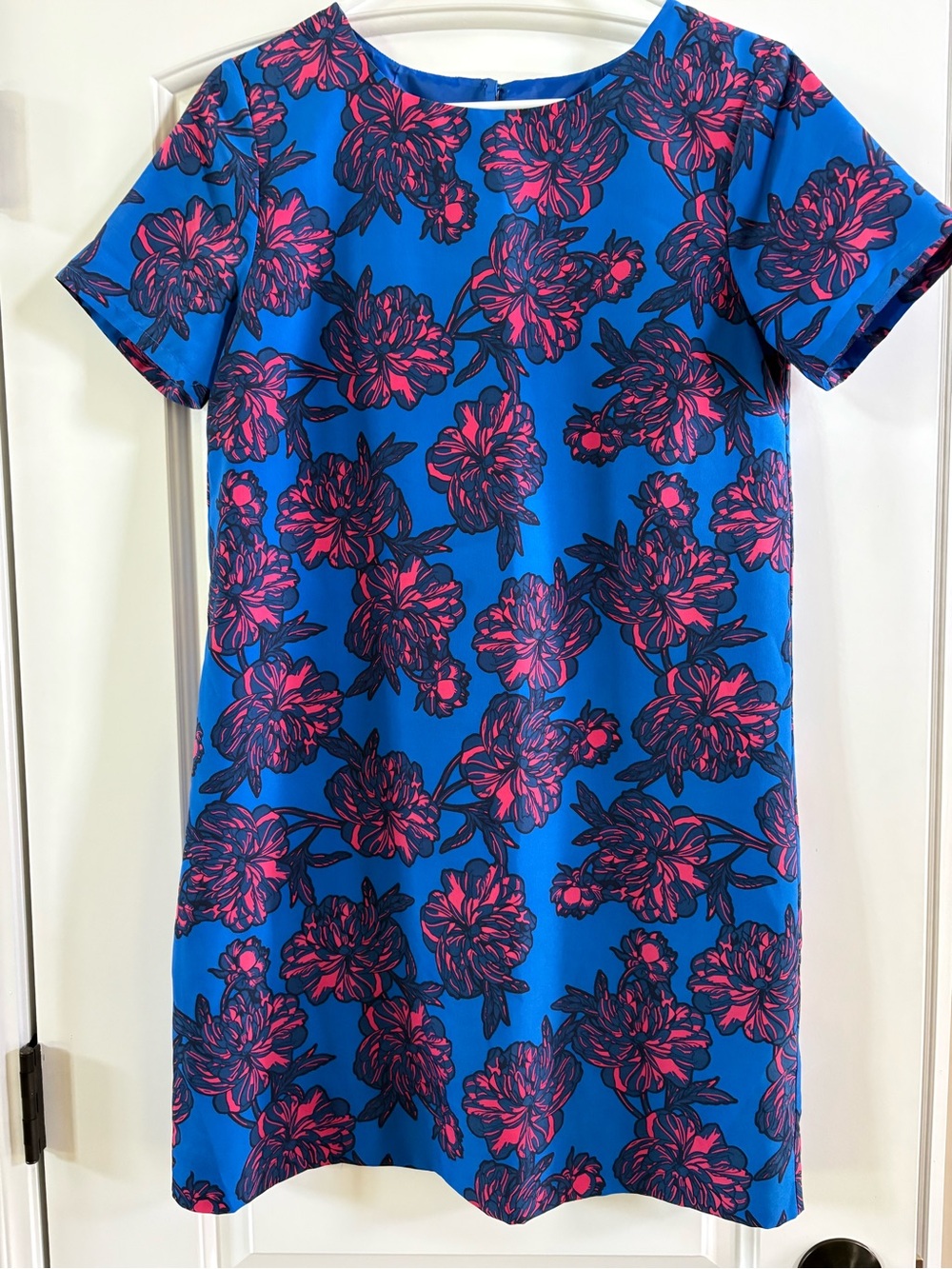 J.Crew Blue Floral Shift Dress with Pink Bloom Print
